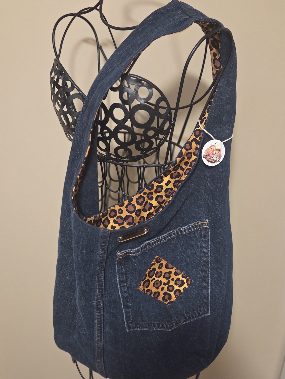 Dark Denim Shoulder Bag with Leopard-Print Accent